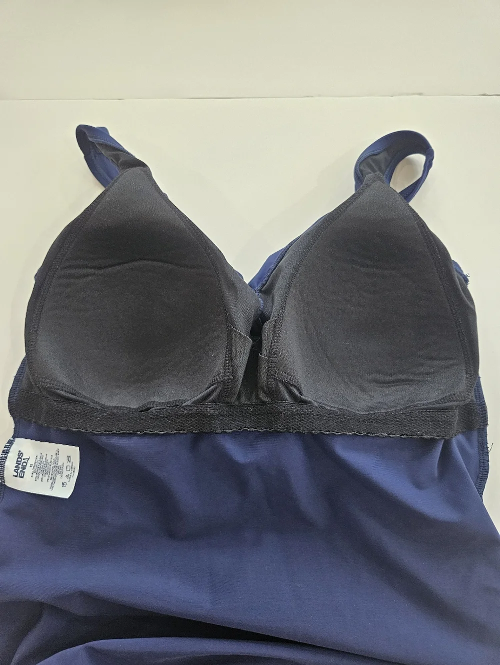 Lands’ End Slender Suit One Piece Swimsuit Womens 12 Blue Ruched Tummy Control